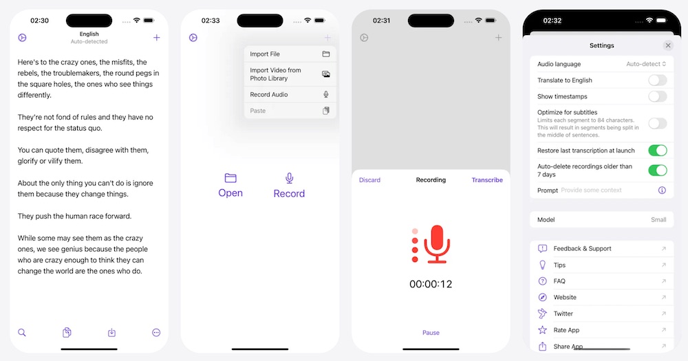 Aiko App Store phone previews showing private local transcription of audio files