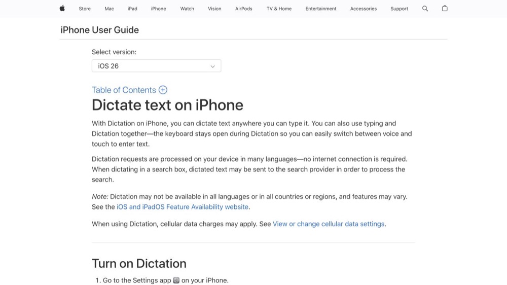 Apple iPhone User Guide page explaining Dictation on iPhone