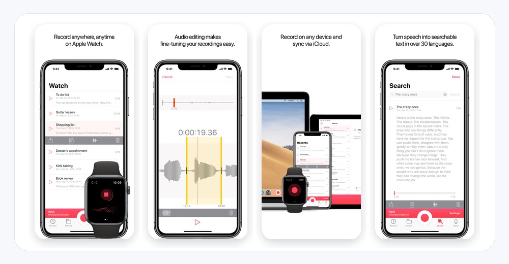 Just Press Record App Store phone previews showing one-tap recording and transcription
