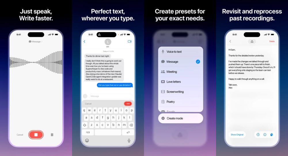 Superwhisper App Store phone previews showing cross-app dictation and custom modes