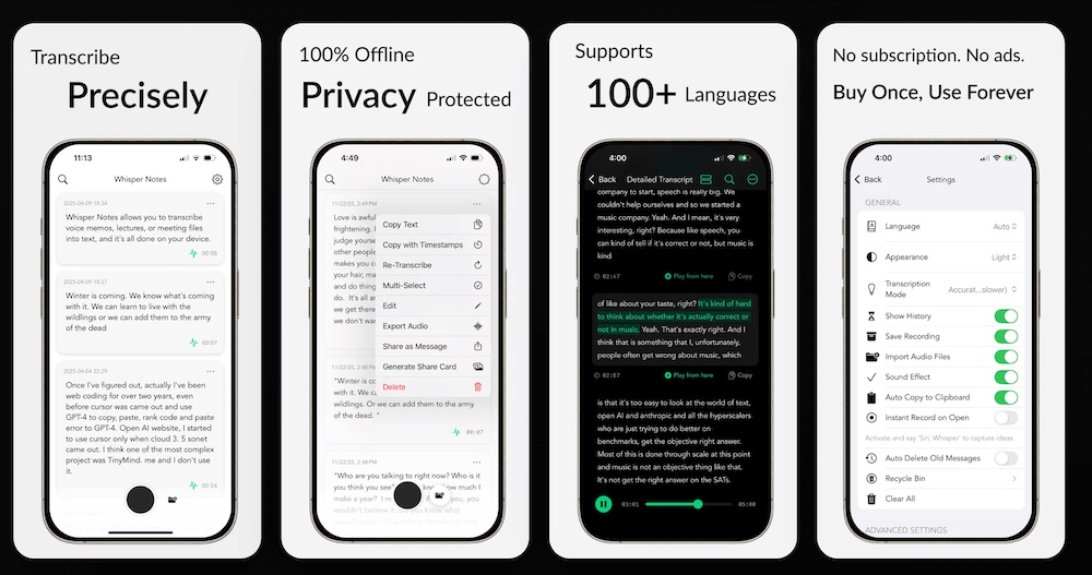 Whisper Notes App Store phone previews showing offline recording and file transcription