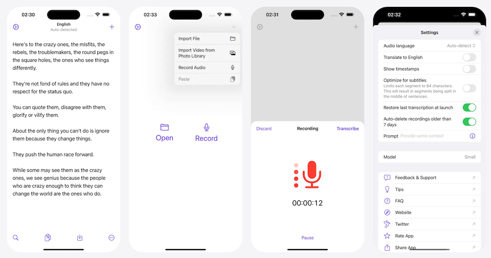 Aiko App Store screenshots showing on-device audio and video transcription for Apple devices