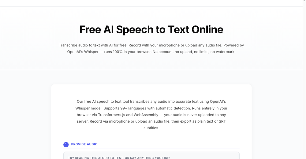 SoundTools speech-to-text website screenshot showing browser-based local audio transcription workflow