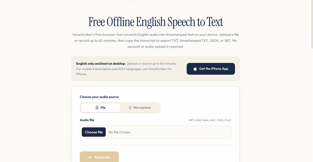 VoiceScriber free offline English speech-to-text browser tool showing local file and microphone transcription options