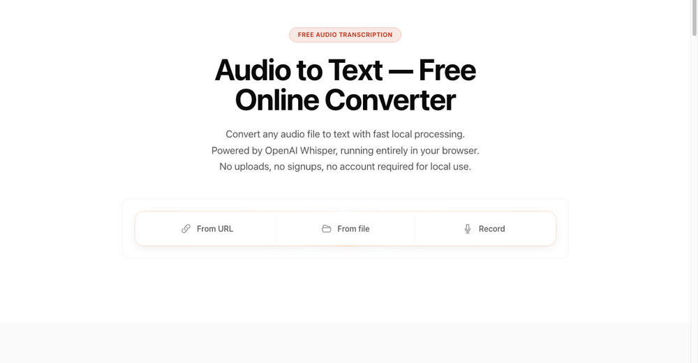 Whisper Web website screenshot showing browser-based local audio-to-text converter