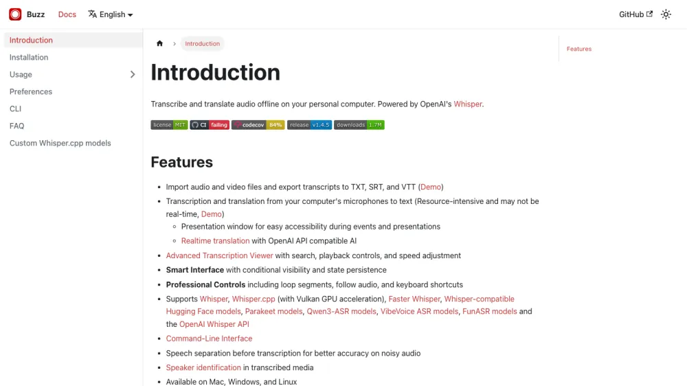 Buzz documentation page listing offline transcription features and TXT, SRT and VTT export