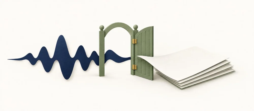 A paper waveform passes through an open garden gate and becomes a stack of blank transcript pages