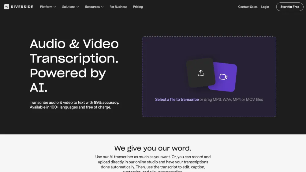 Riverside free transcription page with a file upload area
