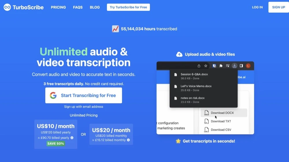 TurboScribe website showing file transcription and export workflow