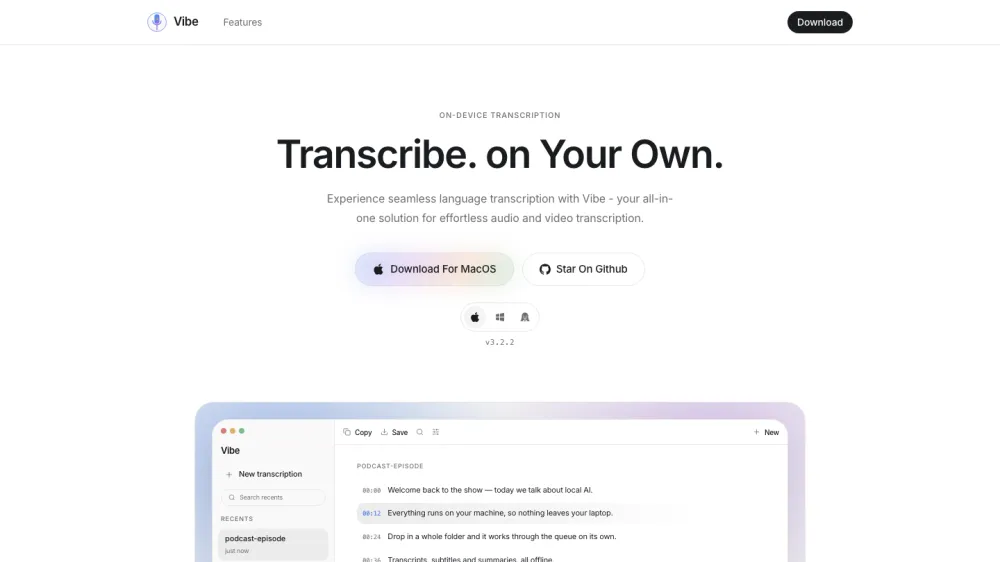 Vibe website showing on-device transcription downloads for Mac, Windows and Linux