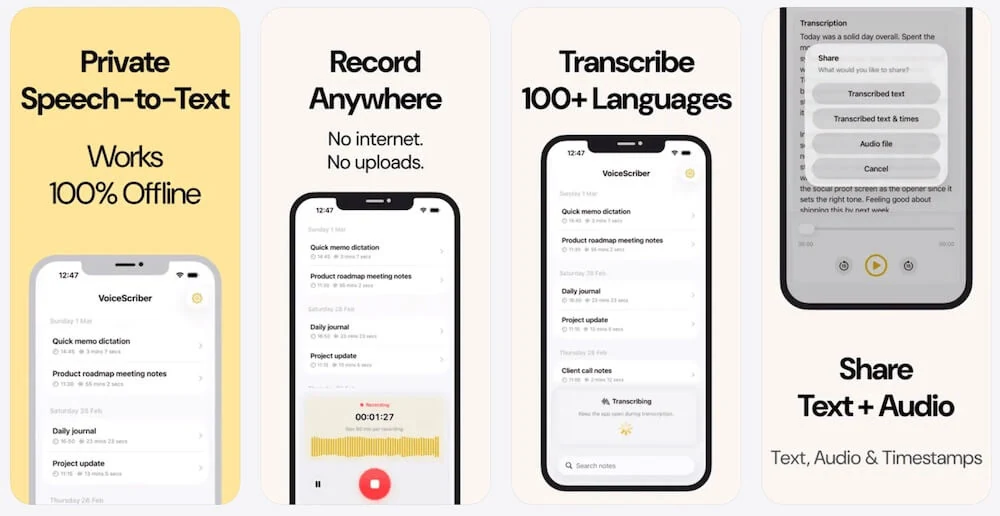 VoiceScriber iPhone app previews for private recording and transcription