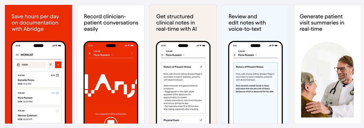 Abridge App Store screenshots showing worklist, clinician-patient recording, structured notes, voice-to-text editing, and patient visit summaries