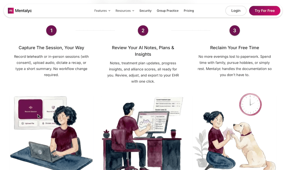 Mentalyc website screenshot showing therapy AI note-taking and behavioral health documentation features