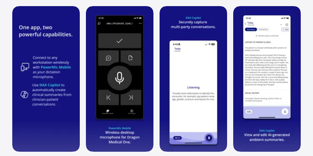 PowerMic Mobile App Store screenshots showing Dragon Medical One mobile dictation and DAX Copilot capture features