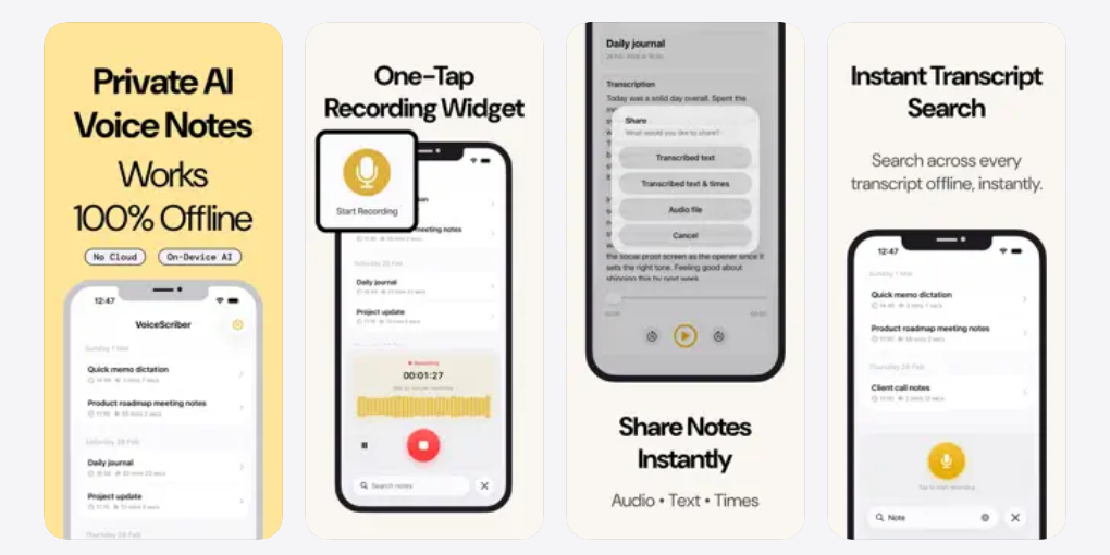 VoiceScriber iPhone App Store screenshots showing private AI voice notes, offline transcription, recording widget, sharing, and transcript search