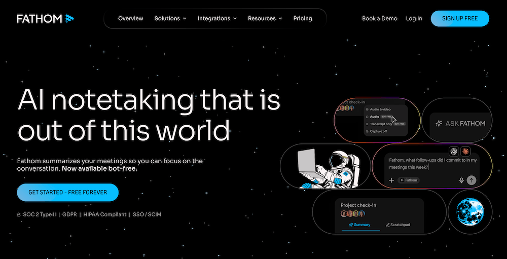 Fathom official website showing AI notetaking and bot-free capture