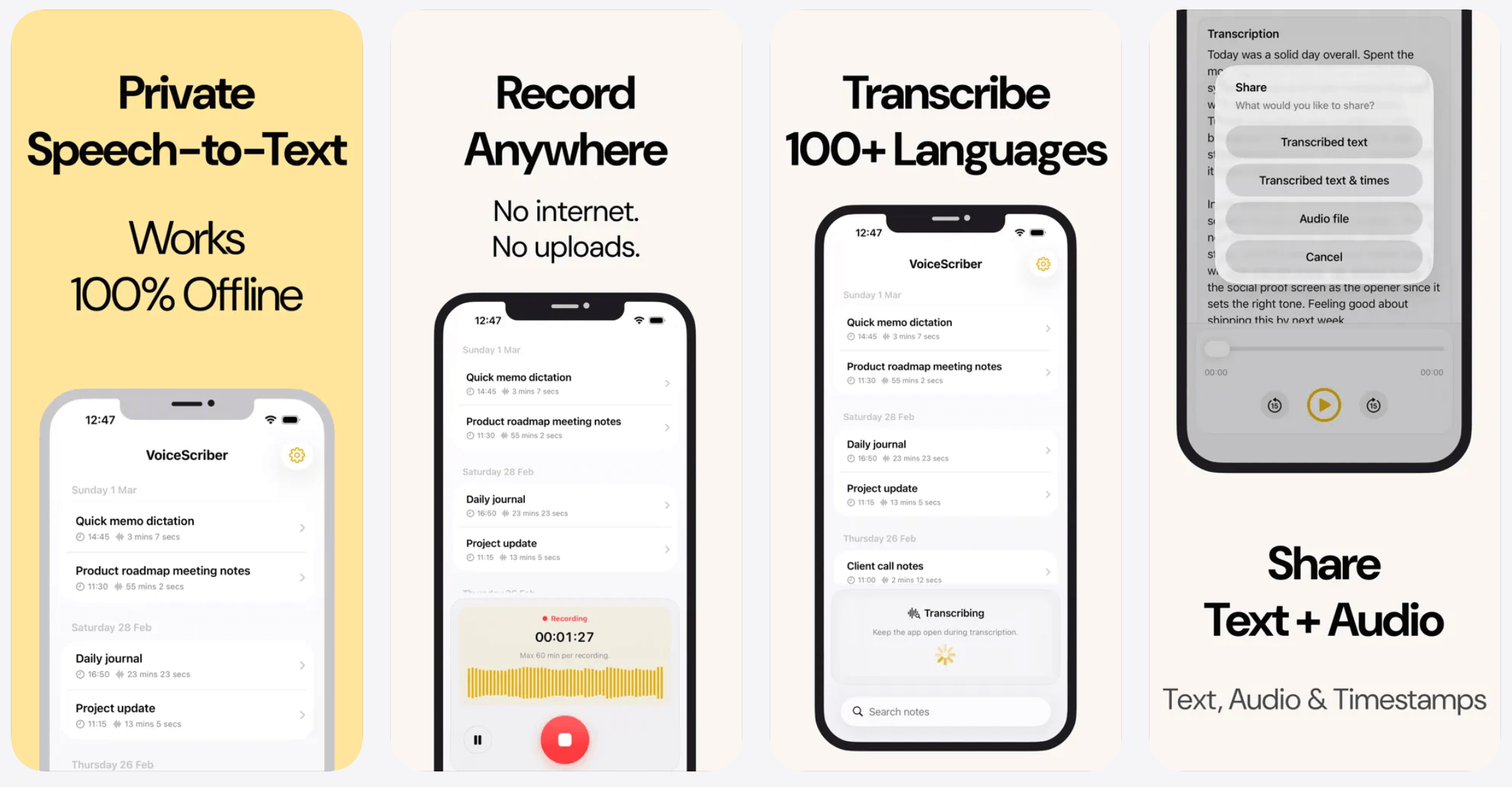 VoiceScriber App Store page showing offline iPhone transcription features