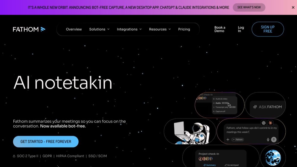 Fathom official website showing bot-free AI meeting notes