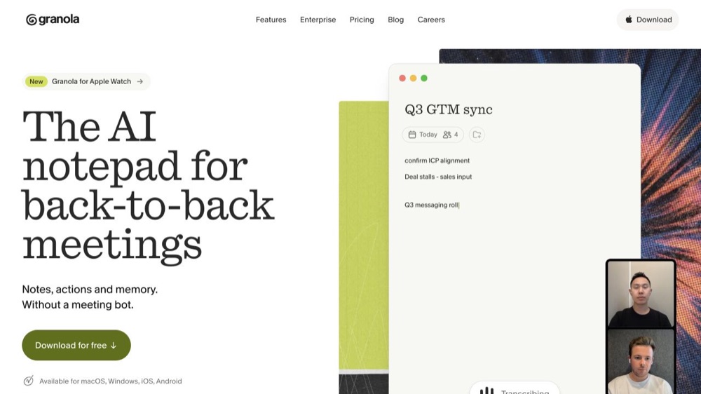 Granola official website showing its bot-free AI meeting notepad