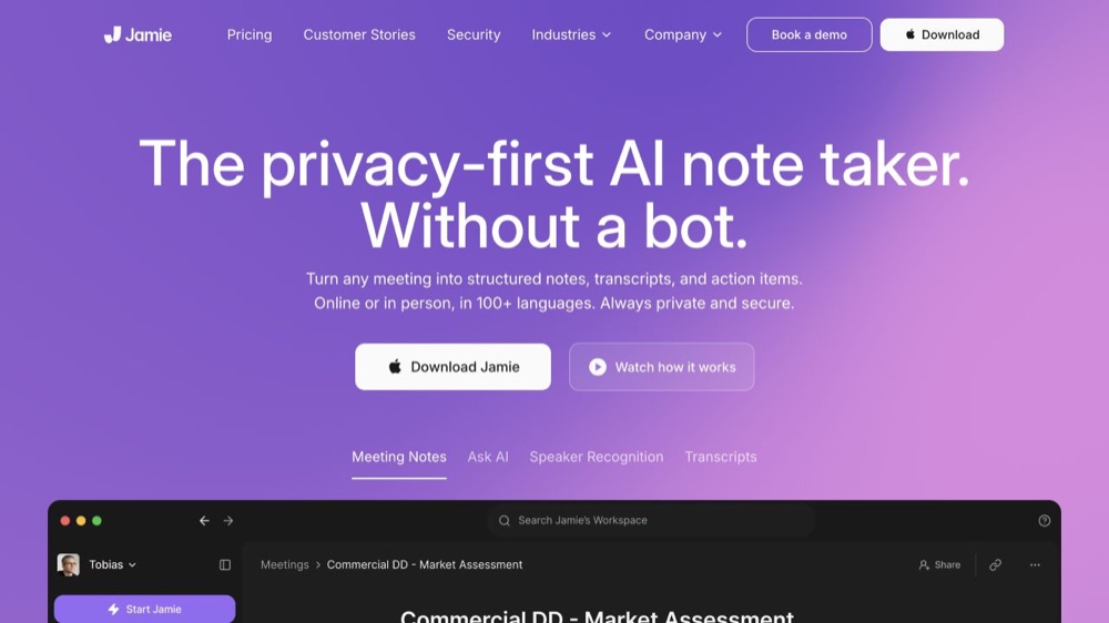 Jamie official website showing its bot-free AI note taker