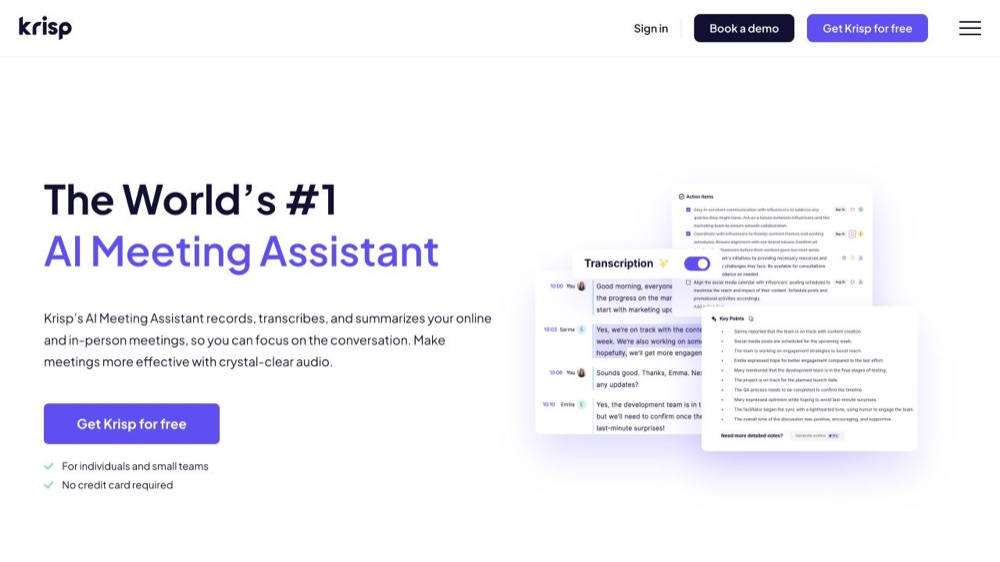 Krisp official website showing its AI Meeting Assistant