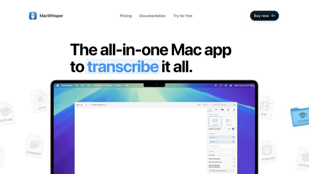 MacWhisper official website showing the Mac transcription app