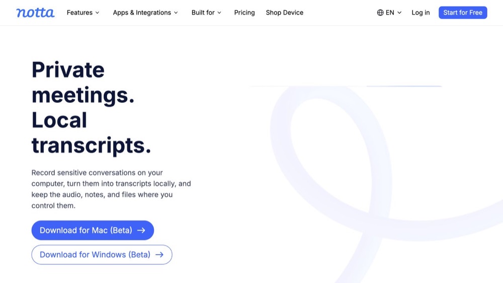 Notta Desktop Privacy Mode official page for local transcripts