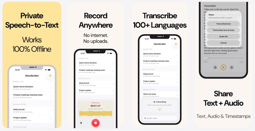 VoiceScriber iPhone preview strip from the Apple App Store