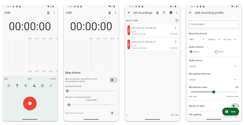 ASR Voice Recorder recording screen from Google Play