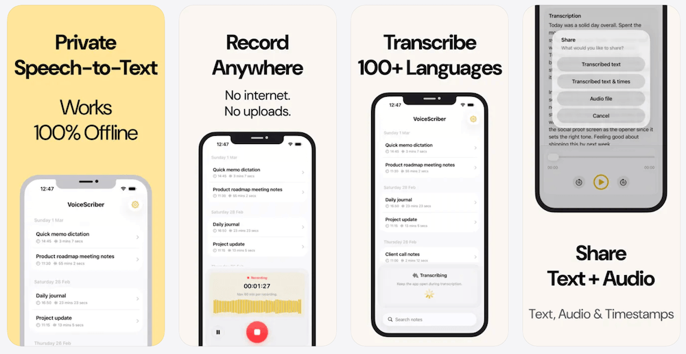 VoiceScriber App Store preview: private speech-to-text