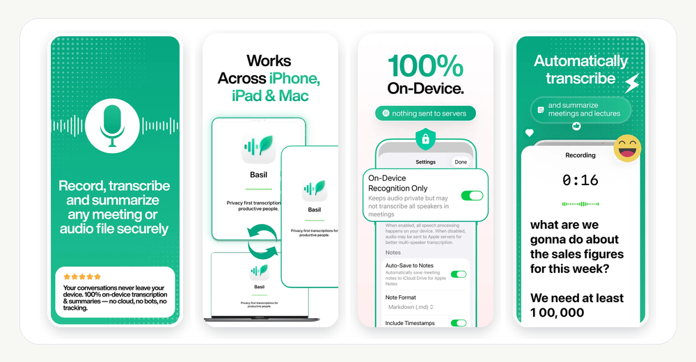 Basil Private AI Note Taker App Store screenshots showing on-device recording, transcription, summarization, and action-item notes
