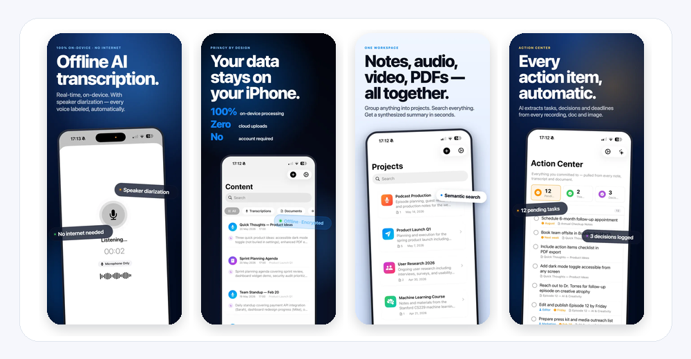 Inscribe App Store screenshots showing offline AI transcription, on-device privacy, notes, documents, and action items