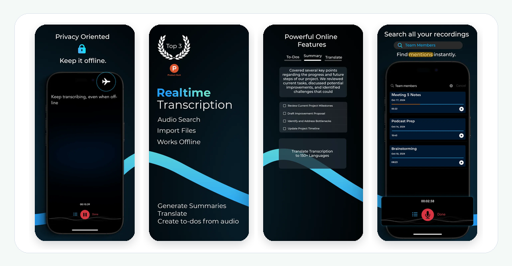 Smart Voice Recorder App Store screenshots showing realtime transcription, privacy-oriented recording, summaries, and search