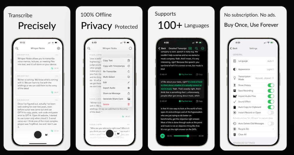 Whisper Notes App Store screenshots showing offline speech-to-text, 100-plus languages, privacy, and one-time purchase messaging