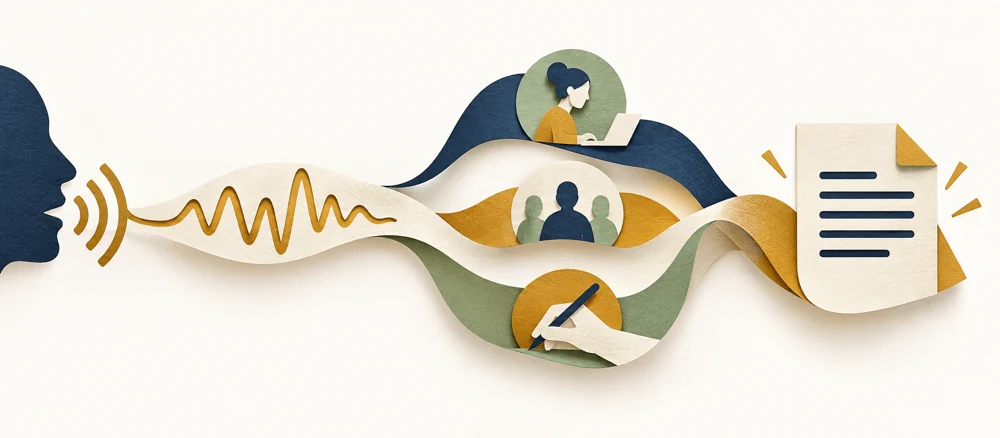 A paper waveform branches into different workflows and joins a transcript document