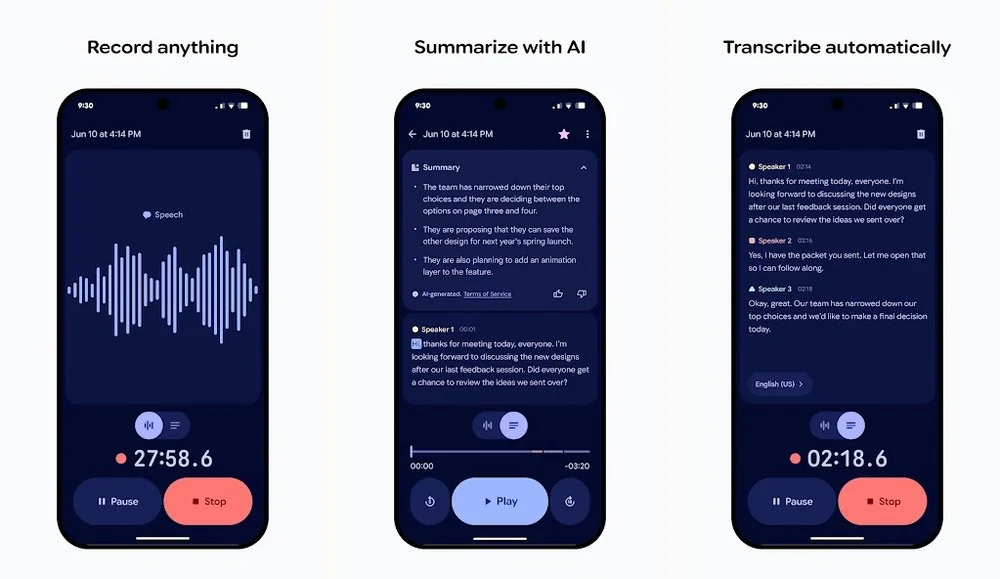 Google Recorder Android phone preview screens