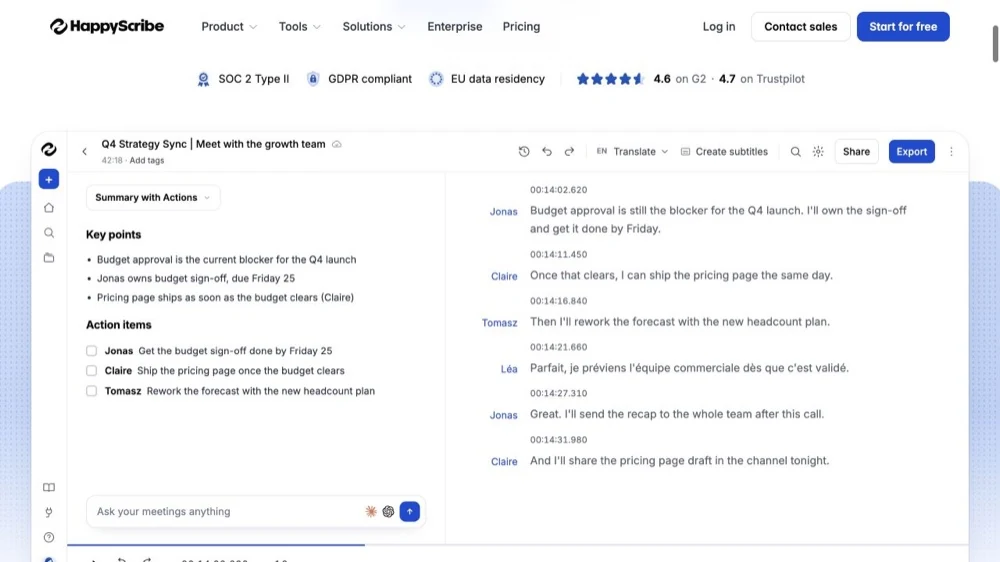HappyScribe transcript editor preview