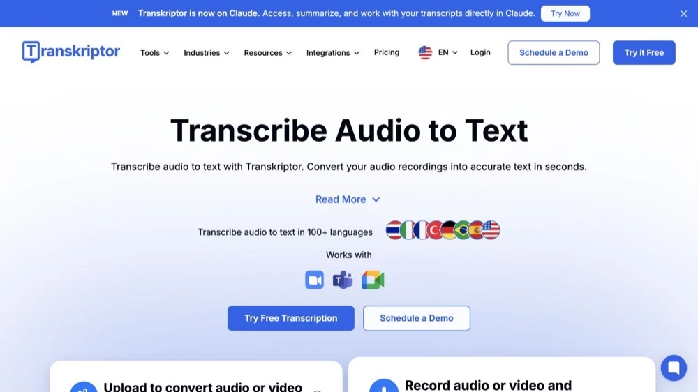 Transkriptor official website describing audio and video file transcription
