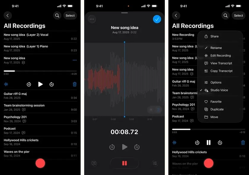 Apple Voice Memos iPhone recording screens