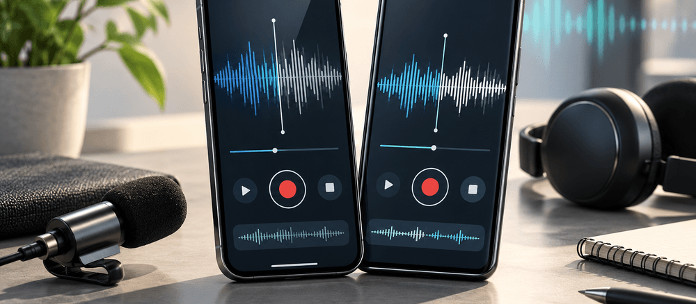 Two phones displaying voice-recording waveforms beside a microphone and headphones