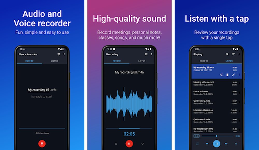 Easy Voice Recorder official mobile storefront preview screens