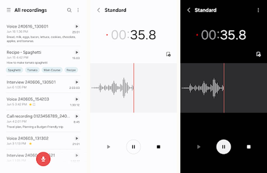 Samsung Voice Recorder official mobile storefront preview screens