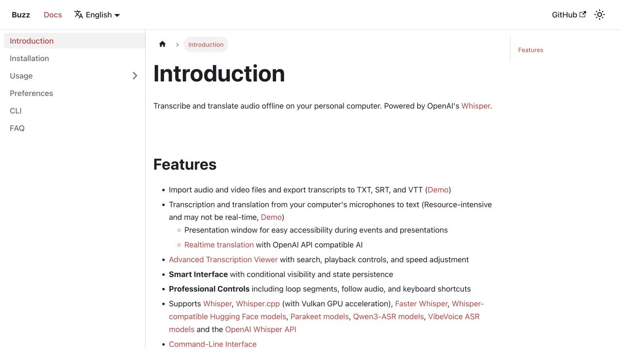 Official Buzz documentation describing offline transcription and TXT, SRT, and VTT exports