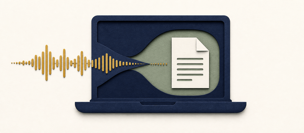 Paper-cut illustration of an audio waveform becoming a local transcript inside a laptop