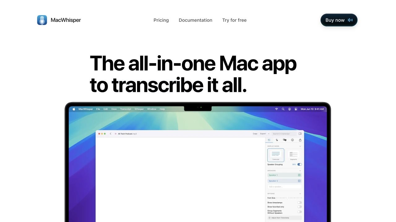 Official MacWhisper website showing the Mac transcription app interface