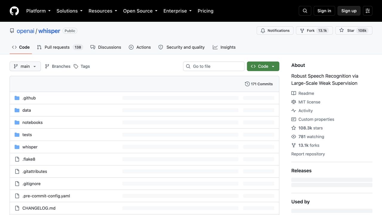 Official OpenAI Whisper GitHub repository and MIT license
