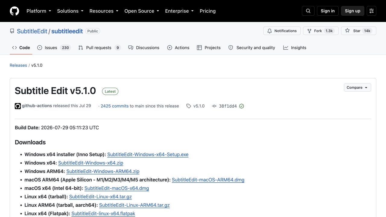 Official Subtitle Edit 5.1.0 release page with Windows, macOS, and Linux downloads