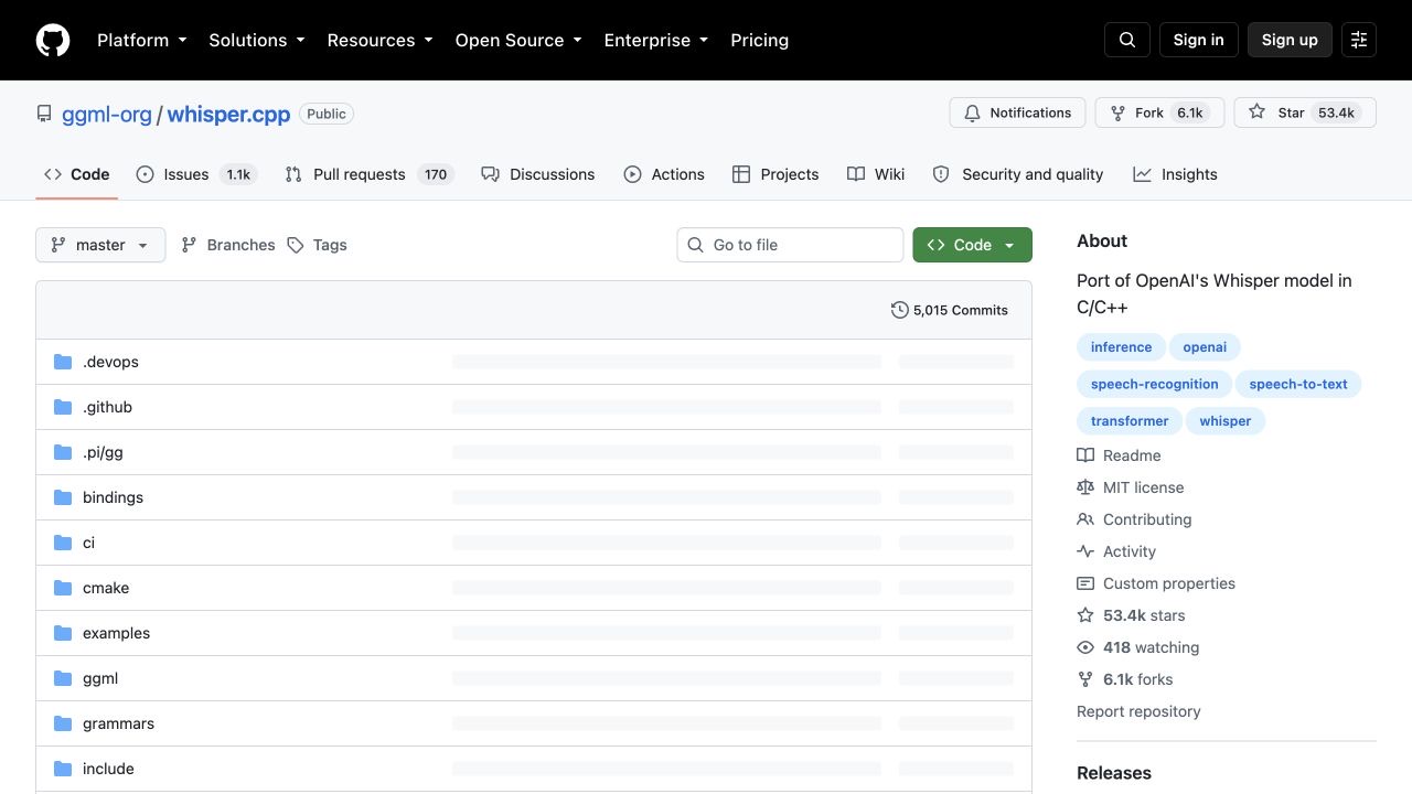 Official whisper.cpp GitHub repository for local C and C++ speech recognition