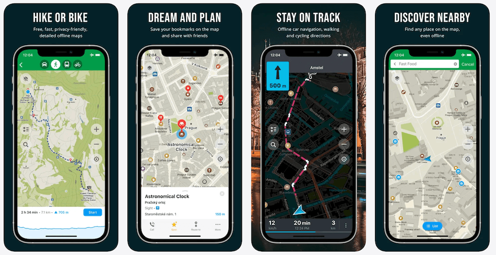 Organic Maps iPhone app screenshot showing offline navigation with a downloaded map region working without internet