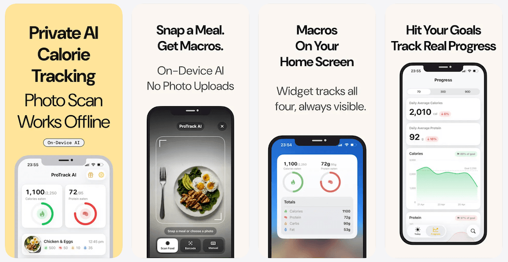 ProTrack AI iPhone app screenshot showing on-device AI meal photo scanning and private calorie and macro tracking